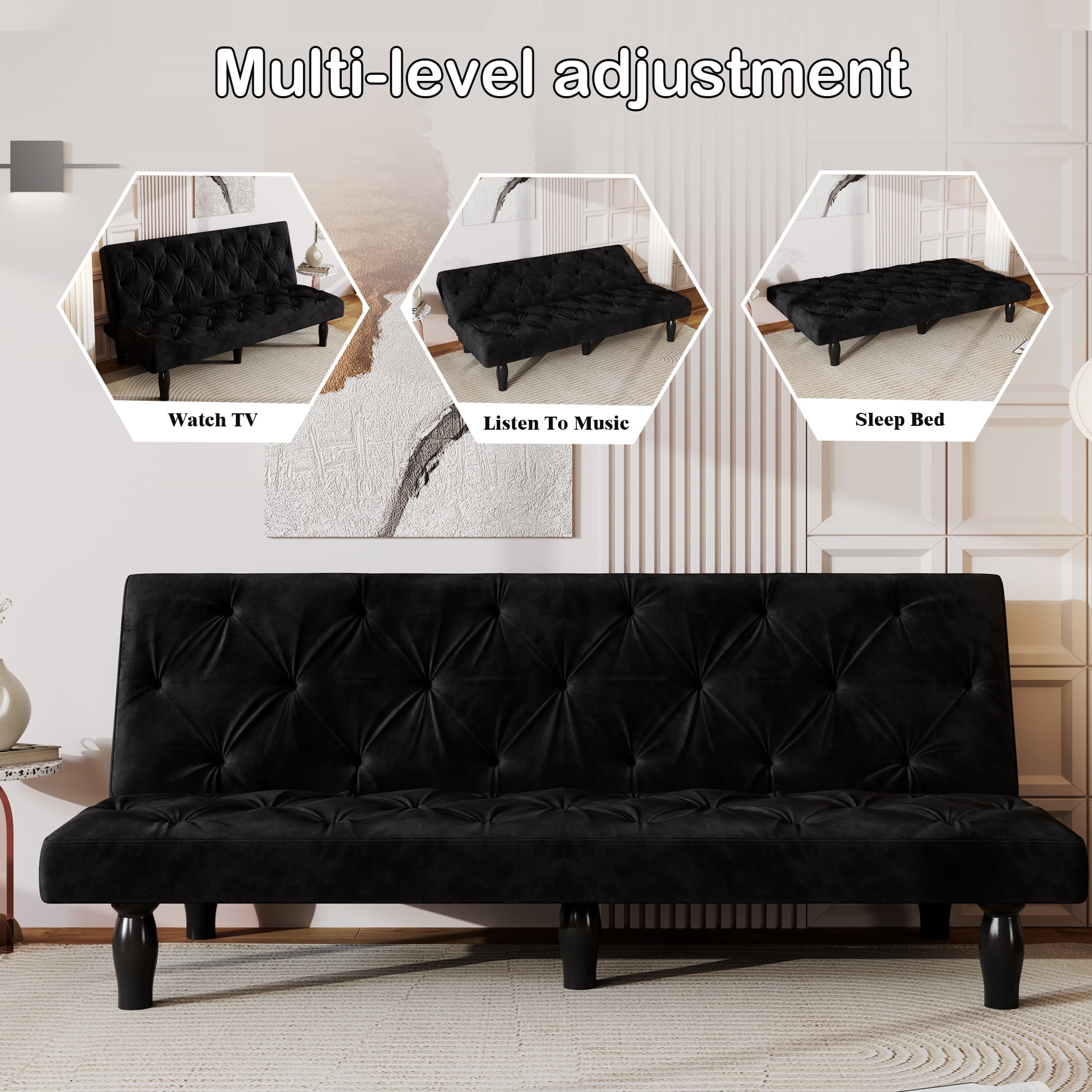 Living Room Sofas Sofa-to-Bed Evolution: 66" Black Velvet Sofa Bed ...