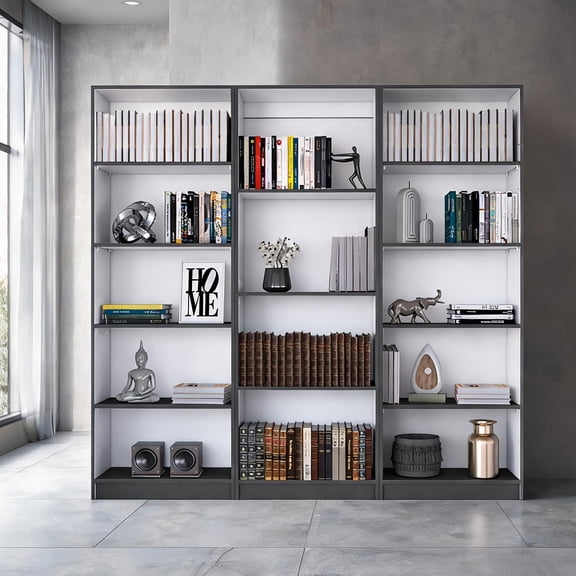 Living Room Storage 3 Piece Bookcase Set, Contemporary Style Particle Board, 74 Inch Wide With 14 Shelves