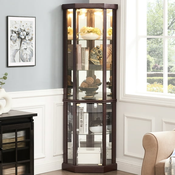 Living Room Storage Cabinet - Dark Cherry, Glass Doors, Adjustable Shelves, Lighted Cherry Curio Furniture Included Lights, 63.79 Lb