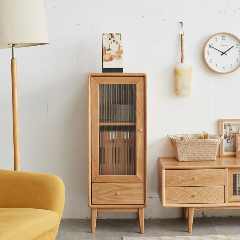 Solid Oak Storage Cabinet with Vintage Glass Door 2 Shelves 1 Drawers