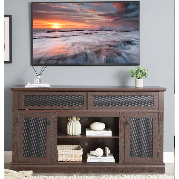 Living Room TV Entertainment Stand | Spacious Storage for DVDs and Equipment | Cherry MDF with Artistic Embossed Character | Addresses Cord Tangles and Storage Arrangement