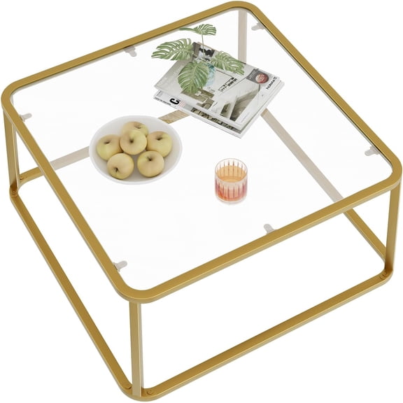 Living Room Table + Gold Tempered Glass – Square Coffee Table with Metal Frame, Modern Minimalist Design, Easy Assembly, Perfect for Home, Office, Small Spaces