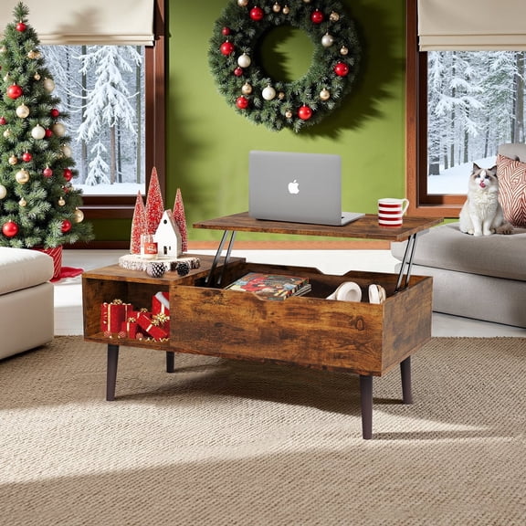 Living Room Table, Lift Top Coffee Table, Dining Center Tables with Storage Shelf and Hidden Compartment, Brown