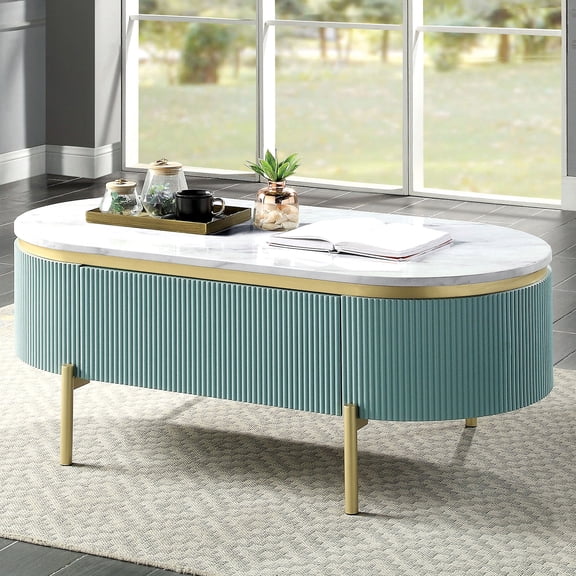 Living Room Table | Light Teal Coffee Table with Storage | Gold Steel Legs & Reeded Sides | Provides Neat Storage