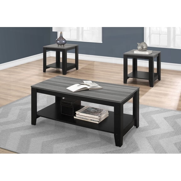 Living Room Table Set - 3pcs - Coffee, End & Side - Black & Grey Laminate - Transitional - Ideal for Sofa Matching