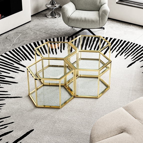 Living Room Table With Gold Stainless Steel Base And Double-layer Tempered Glass, Polygonal Elegant Fashion Style Coffee Frame Contemporary Feature