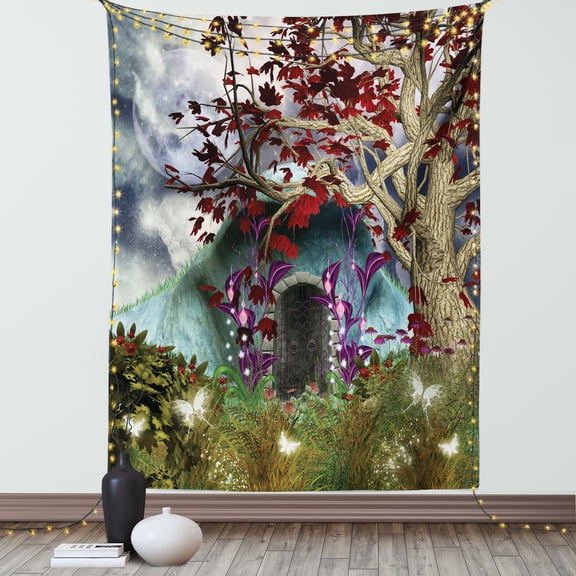 Living Room Tapestry, Mystical Magical Tree Anime Moon Digital Art Wood Door in Forest Print, Wall Hanging for Bedroom Living Room Dorm Decor, 60W X 80L Inches, Blue Red and Brown, by Ambesonne