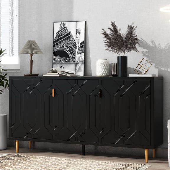 Living Room Tv Cabinet, Black, 3 Doors And Adjustable Shelves, Fits 70" Televisions Precisely Stand For Room, Doors,