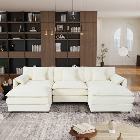 Living Room U Shaped Couch Set, Modular Sectional Sofa in Beige, 3-Seater with 2 Ottomans, Deep Seat & Chenille, Customizable for Any Space