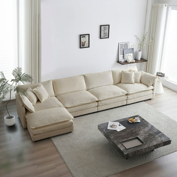 Living Room U Shaped Sectional: 5 Seater Convertible With In Classic Beige Chenille Couch: Sectional For Family