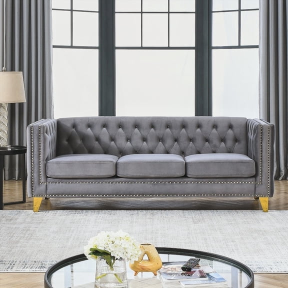 Modern Velvet Three-Seater Sofa with Metal Legs (W834S00020)