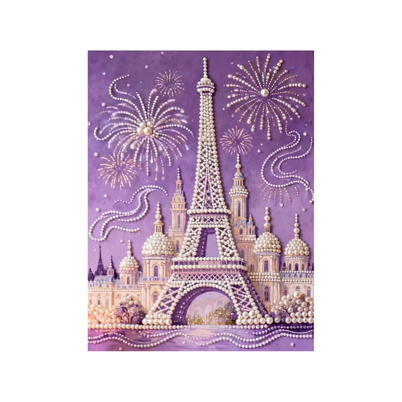 Living Room Wall Art with Purple decorative tones, Wall Art Living Room Ready Canvas Piece with Pearl Embellished Eiffel tower and European Architecture Motifs, Bedroom Art Wall