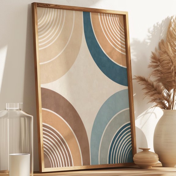 Living Room Wall Art Retro Abstract Circle Pattern Poster Blue Beige Brown Deco Modern Des