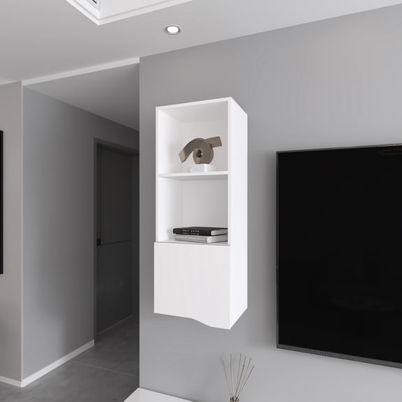 Living Room Wall Cabinet - White, Ample Storage With Open And Concealed Sections, Materials Construction White For Area, Spacious Shelves & Hidden Cabinet, Material