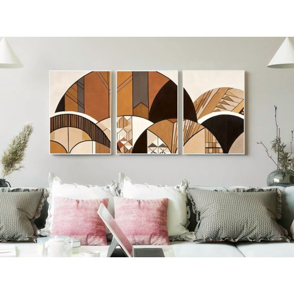 Living Room Wall Decor, Mid Century Boho Art Prints, Geometric Arch Triptych, Warm Earthy Gallery Set for Home Style, Stretched Canvas