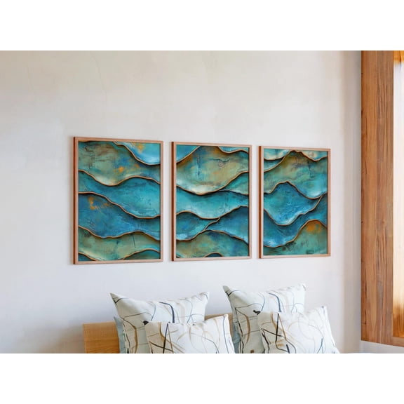 Living Room Wall Decor Oxidized Copper Seascape Prints Teal & Rust Wave Triptych Modern Patina Gallery Set for Home Art Set 3