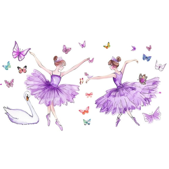 Purple Wall Stickers Dancing Girl Swan Butterflies Decals Bedroom Background Decor Vinyl Peel and Stick 19.6"x35.4"
