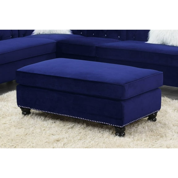 Living Room XL- Cocktail Ottoman Indigo Blue Velvet Accent Studding Trim Wooden Legs