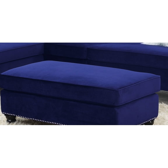 Living Room XL- Cocktail Ottoman Indigo Blue Velvet Accent Studding Trim Wooden Legs