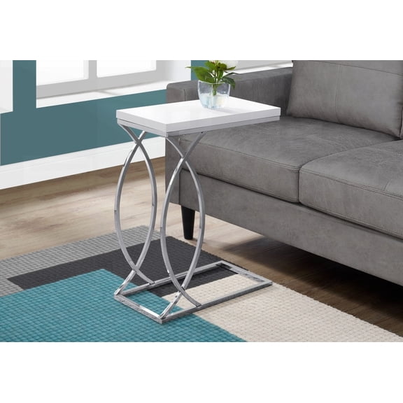 Living Room and Bedroom Accent Table - C-shaped, Glossy White Laminate & Chrome Metal, Spacious Rectangular Top