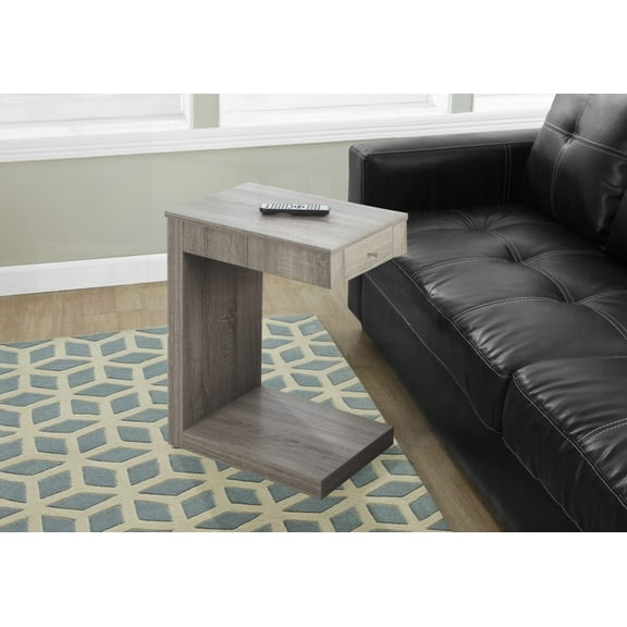 Living Room and Bedroom Accent Table - C-shaped with Snack Storage Drawer, Brown Laminate, Modern and Contemporary Design