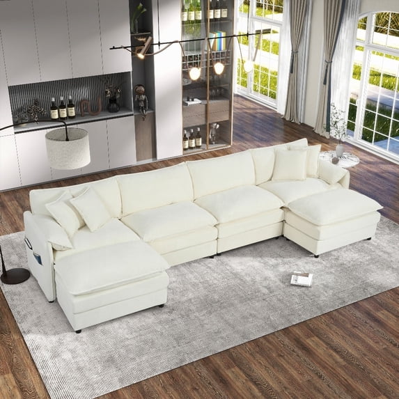 Living Room's 4-Seater Modular Sectional Sofa - Beige Chenille U Shaped Couch with 2 Movable Ottomans - Extra Deep Seat (29.92") - DIY Combination for Versatility
