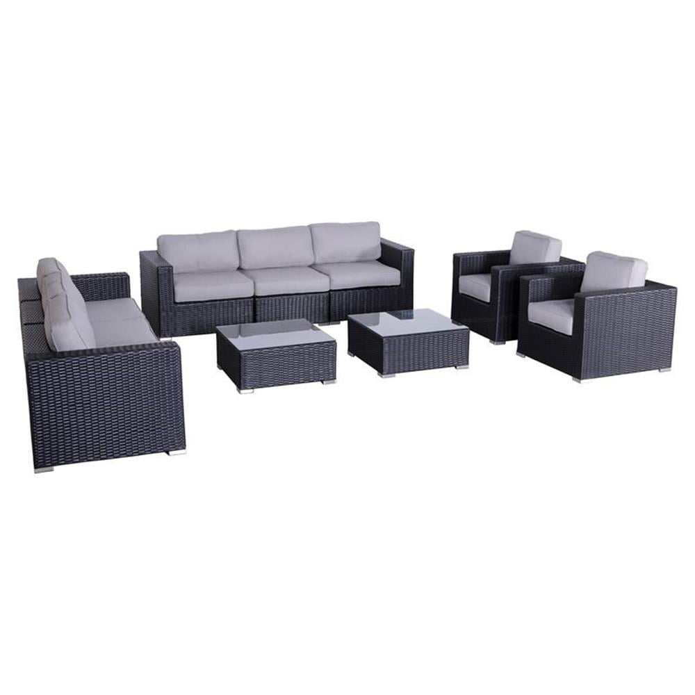 10-Piece Black Rattan Sofa Set with Gray Cushions