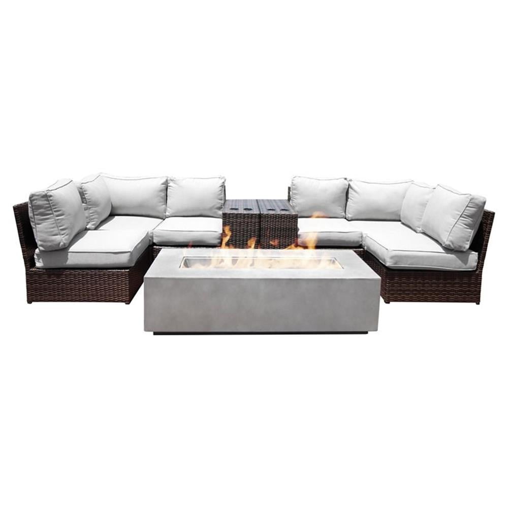 Espresso Wicker 9-Piece Sectional Set with Cushions and Fire Pit