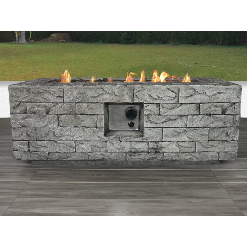 Gray Fiber Concrete Gas Fire Pit Table with Stone Finish