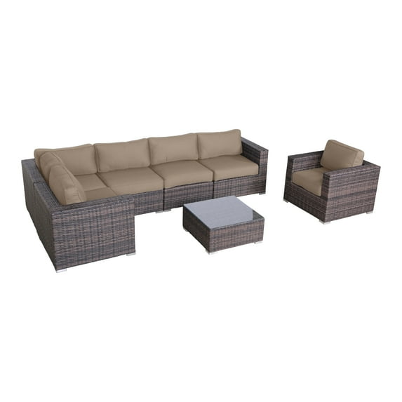 Living Source International LSI 7 Piece Rattan Sunbrella Sectional Seating Group with Cushions Brown Frame - Beige Cushion