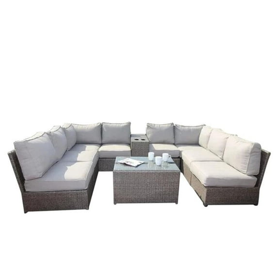 Living Source Intl 10-Piece Wicker / Rattan Sectional Set w/Cup Table in Gray