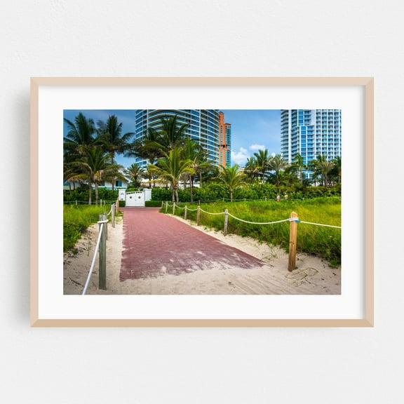 Living South Beach - Miami Florida Photography Beach Palm Tree Coastal Ocean Tropical Boardwalk Architecture Oak Framed Wall Art Print 16 x 24 inches