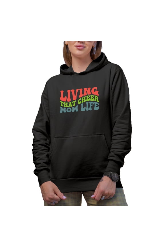 Living That Cheer Mom Life, Mother of a Cheerleader Quote, Groovy Retro Wavy Text Merch Gift, Black Hooded Sweatshirt or Hoodie, Medium