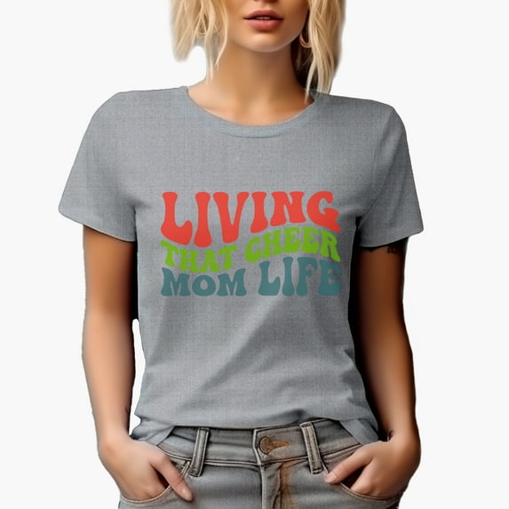 Living That Cheer Mom Life, Mother of a Cheerleader Themed, Groovy Retro Wavy Text Merch Gift, Heather Grey T-Shirt, Medium