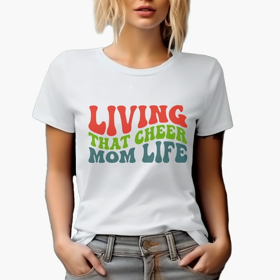 Living That Cheer Mom Life, Mother of a Cheerleader Themed, Groovy Retro Wavy Text Merch Gift, White T-Shirt, Large