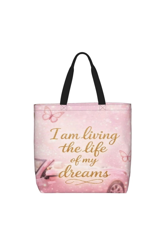 Living The Life Of My Dreams Custom Polyester Tote Bag Blank, Reusable Shopping Shoulder Bag