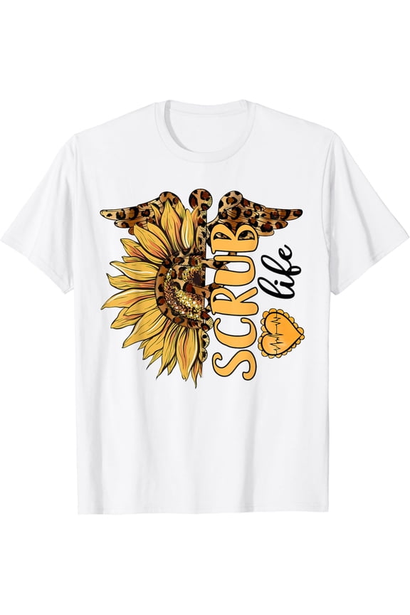 Living The Scrub Life Nurse Sunflower Leopard Nursing T-Shirt
