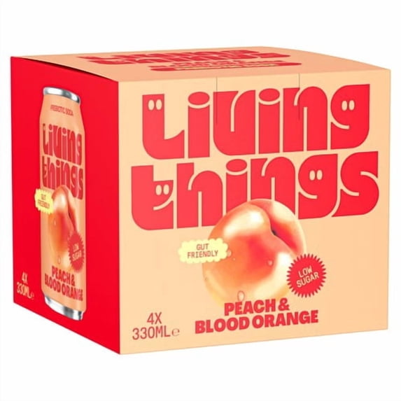 Living Things Peach & Blood Orange Prebiotic Soda 4 x 330ml, British Import (Pack of 2)