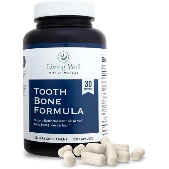 Living Well with Dr. Michelle Tooth & Bone Formula - Bone Health Supplement with Calcium for Bone Strength & Tooth Enamel Support, D3 + K2, 120 Capsules, Non-GMO, Gluten-Free