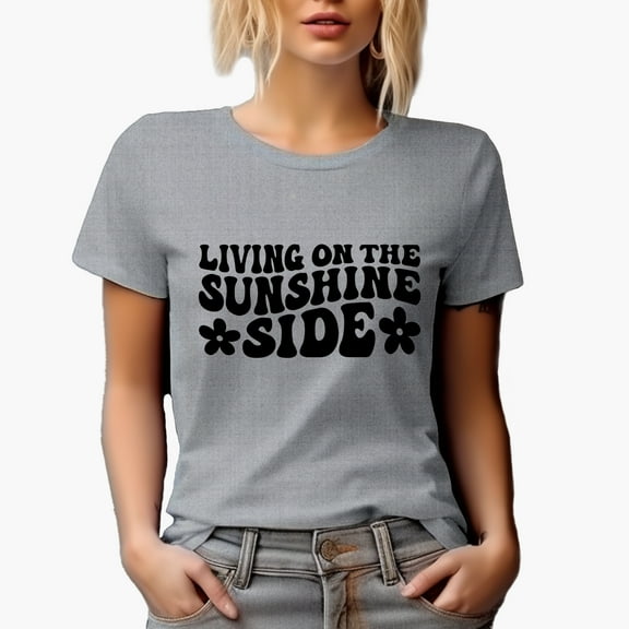Living on the Sunshine Side, Quote About a Hopeful, Optimistic & Cheerful Life, Groovy Retro Wavy Text Merch Gift, Heather Grey T-Shirt, XL