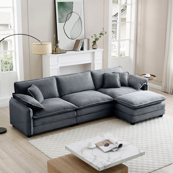 Modern L-shaped Grey Corduroy 3-seater Sofa with Footrest and Ottoman