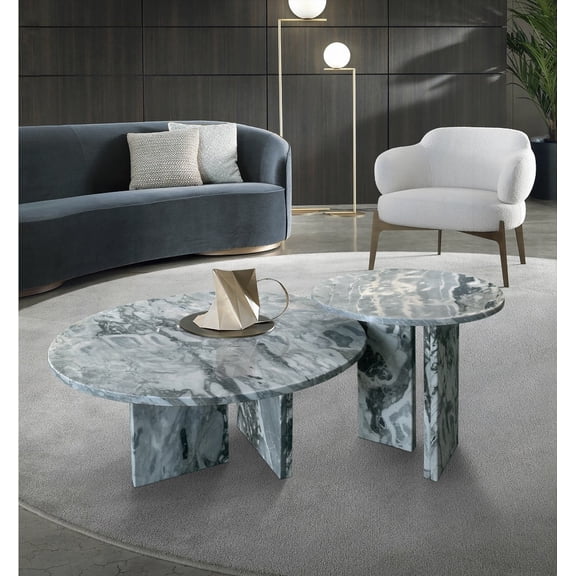 Living room coffee table - Blue Gray natural marble set with 70 h32 cm & 45 h40 cm sizes