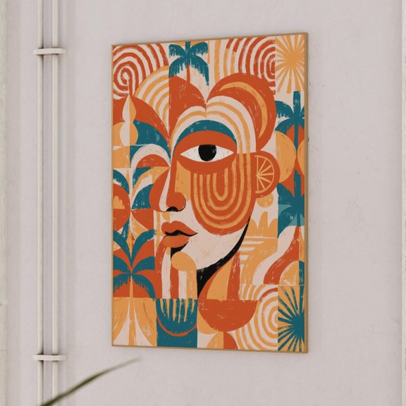 Living room decor retro style poster Abstract wall art boho style Orange blue face illustr