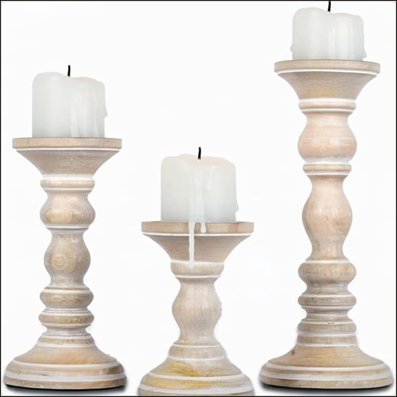 Living room mantel centerpiece decor: hand-carved mango wood pillar candle holders set of 3 whitewashed finish natural rustic charm