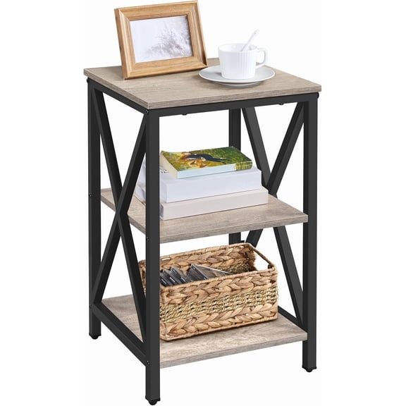 Living room side table, 3-tier side table/shelf unit, suitable for home offices; features an industrial-style X-frame design, sturdy metal frame, and easy assembly; gray.
