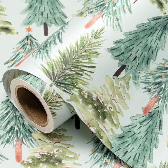 LivingNest Christmas Tree Wrapping Paper Roll, Mini Roll, Watercolor Christmas Tree Design Gift Wrap Paper for Xmas, Holiday Gifts, Winter Wedding, Birthday Party, 17 Inches x 16.4 Feet