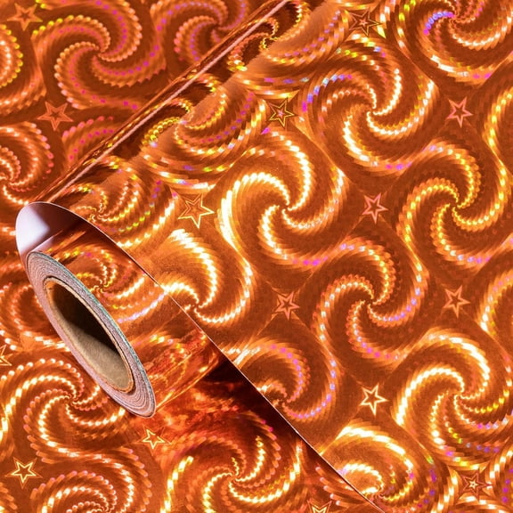 LivingNest Fall Holographic Wrapping Paper Roll, Orange Gift Wrap with Swirl & Star Pattern Metallic Foil for Autumn, Thanksgiving, Birthday, Halloween, Wedding, Mini Roll 17 in x 32.8 ft