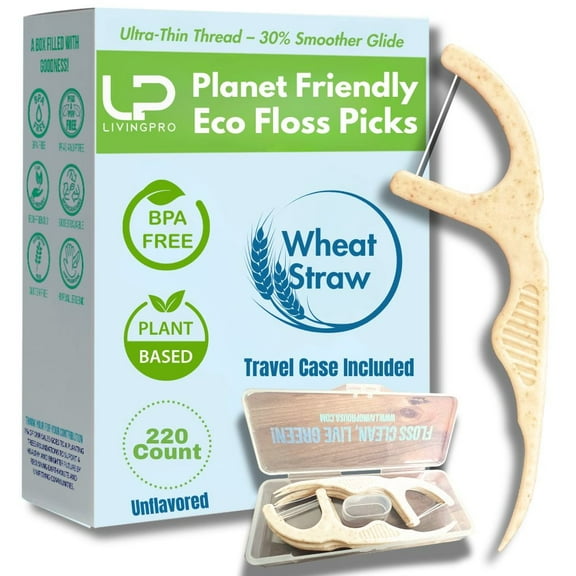 Plant Based Floss Picks(220pcs) with Travel Case- Planet-Friendly Thin Single Thread Dental Picks, Shred-Resistant- Easy Glide for Plaque Removal & Gentle on Gum -Oral Care for Adults & Kids