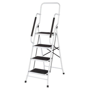 LivingSURE Folding 4-Step Safety Ladder - Heavy Duty Steel, Anti-Slip Treads, Padded Handrails - Space Saving Design - Perfect for Home, Kitchen, Office - 32 x 21 x 66 inches