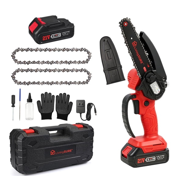 LivingSURE Mini Cordless Rechargeable Chainsaw Kit 21V Handheld Electric Saw with 2 Batteries, Safety Features & Accessories Lightweight 6" Bar for Tree Trimming, Firewood & Garden DIY Tasks